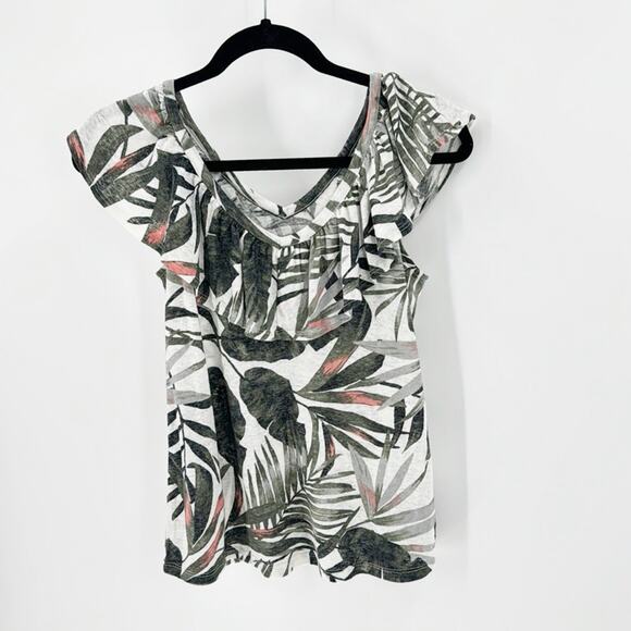 Old Navy ruffled trim v-neck tropical print top summer linen vacation size S - Picture 1 of 7